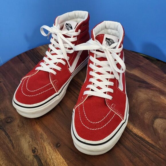 VANS Sk8-Hi Skate Shoe Size Women's 8.0, Men's 6.5 Hi-Top Suede Canvas Red EUC - Picture 1 of 12